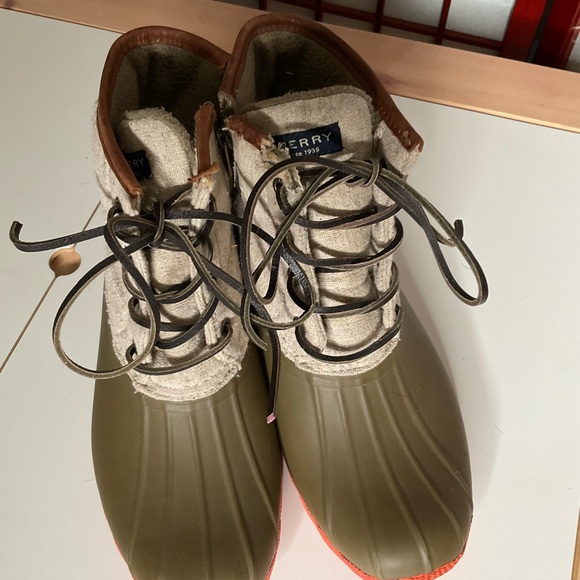 Sperry Duck Winter/Rain Boots, orange/green-brown/tan, size W8, Waterproof, EUC! - Picture 6 of 10